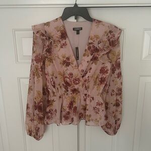 Express Pink Peplum Blouse with Long Sleeves